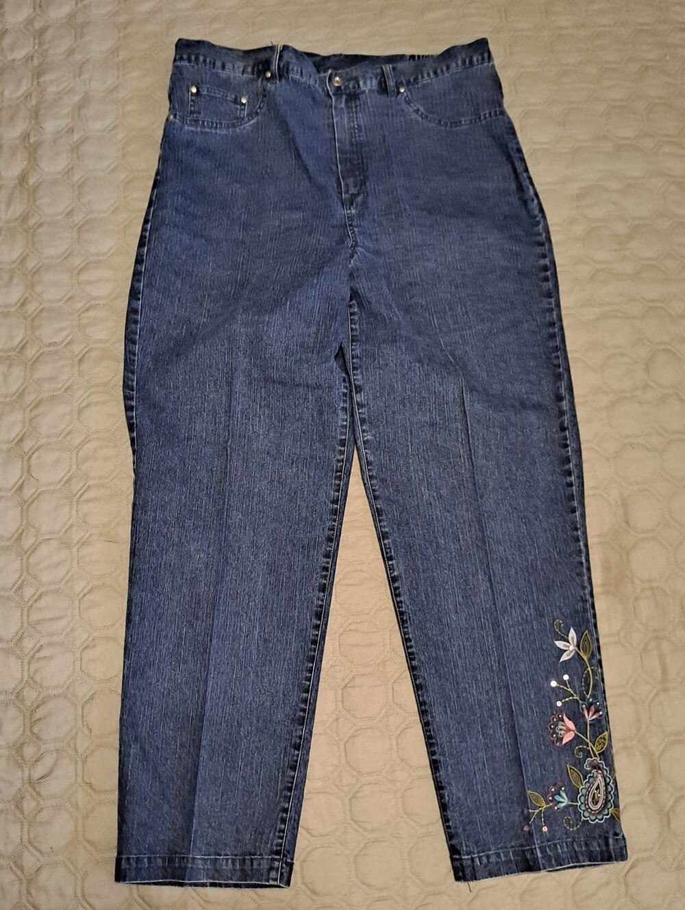 Classic High-Waist Dark Blue Women's Jeans with Embroidered Hem Size 16